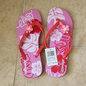 Island Girl Pink Floral Flip Flops with Red Straps Sz 7 Women NWT beach summer